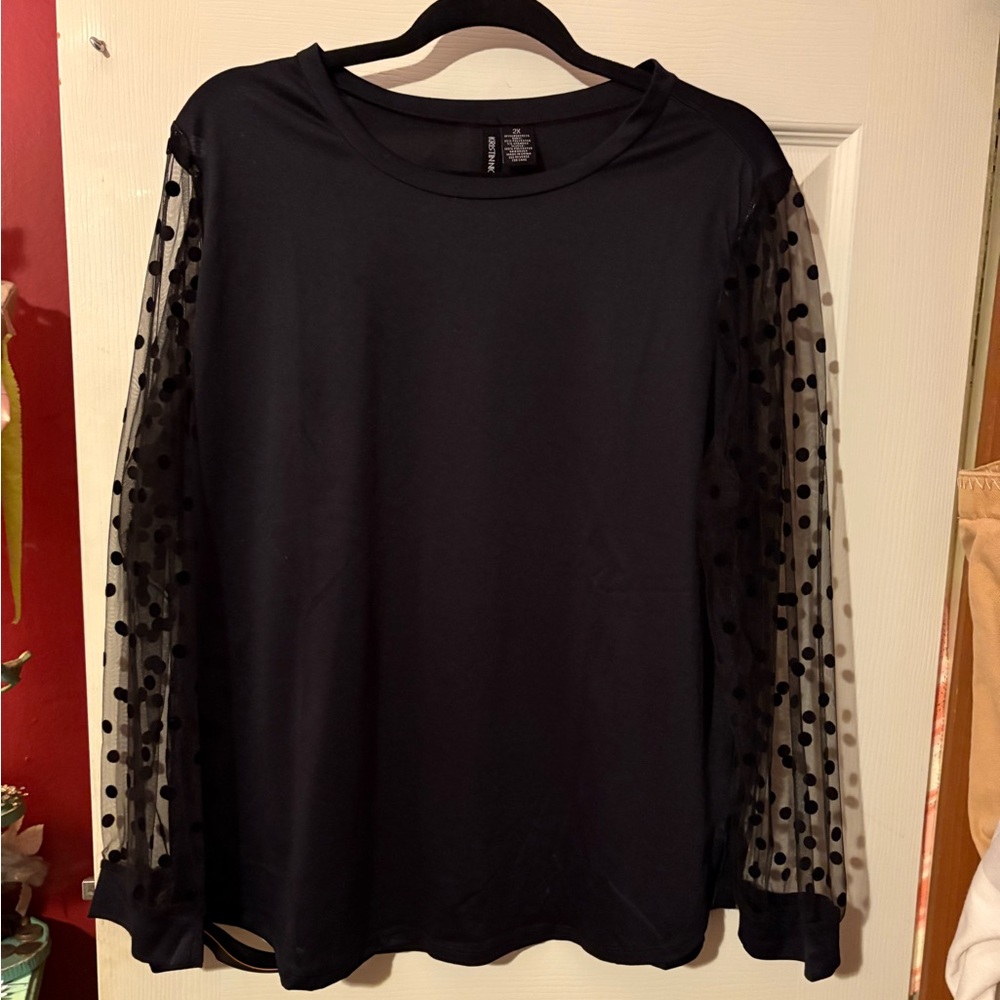 Black Sheer Polka Dotted Long Sleeve Blouse